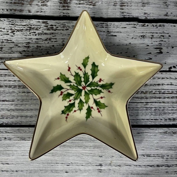 Lenox Holiday Dimension Collection Star Candy Dish Christmas Holly Berries - Picture 2 of 12
